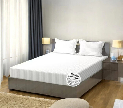 HOMYBEES 300 TC Cotton Double Striped Fitted (Elastic) Bedsheet(Pack of 1, White)