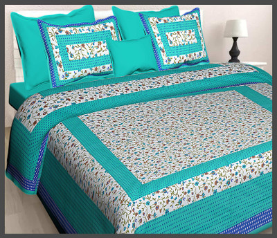 JAIPUR PRINTS Cotton Double Flat 160 TC Jaipuri Prints Bedsheet(Pack of 1, Sky)