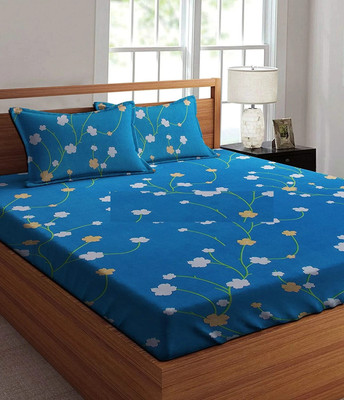 AVINYA 280 TC Cotton Single Floral Fitted (Elastic) Bedsheet(Pack of 1, Blue)