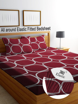 RisingStar 350 TC Cotton Double Abstract Fitted (Elastic) Bedsheet(Pack of 1, Maroon)