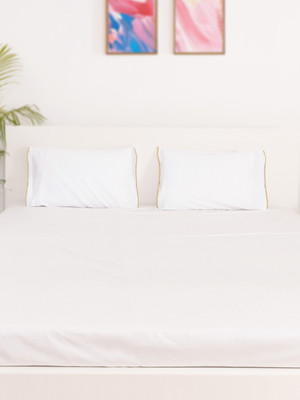 Oyvu Cotton King Fitted (Elastic) 300 TC Solid Bedsheet(Pack of 1, White Gold Flange)