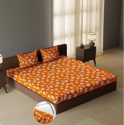 CARLTON LONDON 104 TC Cotton Queen Geometric Fitted (Elastic) Bedsheet(Pack of 1, Multicolor58)