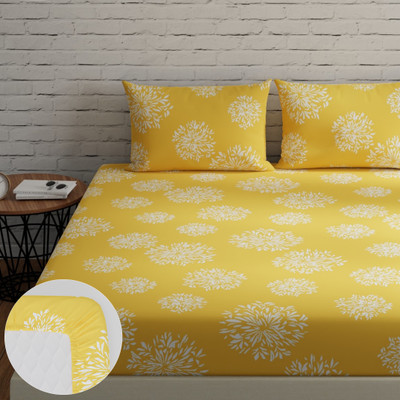 Huesland Cotton Double Fitted (Elastic) 144 TC Geometric Bedsheet(Pack of 1, Yellow)