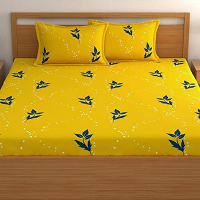 TrueBuy Cotton King Fitted (Elastic) 310 TC Floral Bedsheet(Pack of 1, Yellow)