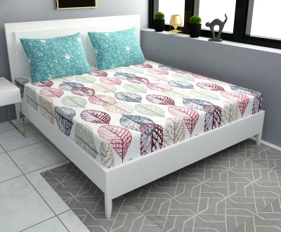 TINDLER KNOTS 300 TC Cotton King Printed Fitted (Elastic) Bedsheet(Pack of 1, White Feather Print, 2 Coordinated Mint Green Pillow Covers)