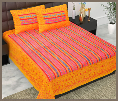 BedZone Cotton Double Flat 240 TC Jaipuri Prints Bedsheet(Pack of 1, Orange)