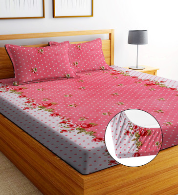 REFIZE 240 TC Cotton Double Printed Fitted (Elastic) Bedsheet(Pack of 1, Pink & White)