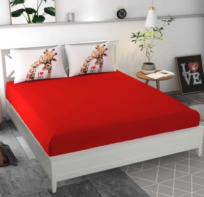 JK HOME SHINE 200 TC Cotton Double Solid Fitted (Elastic) Bedsheet(Pack of 1, red&white)