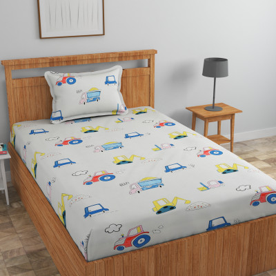 Luxury Trends Cotton Single Fitted (Elastic) 150 TC Printed Bedsheet(Pack of 1, Grey&Blue)