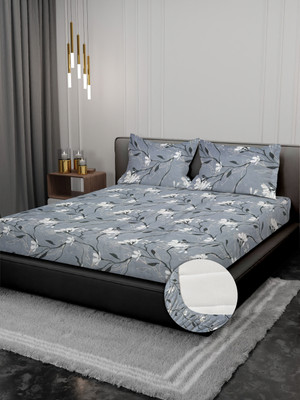 YUTERA Cotton Super King Fitted (Elastic) 250 TC Floral Bedsheet(Pack of 1, Grey, White)