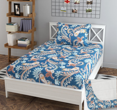 BLUEDOT 200 TC Cotton Single Self Design Fitted (Elastic) Bedsheet(Pack of 1, Blue)