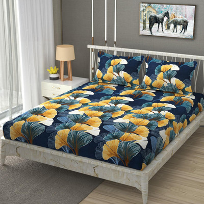 Mooniea Microfiber Double Fitted (Elastic) 144 TC Printed Bedsheet(Pack of 1, Multicolor, Black)