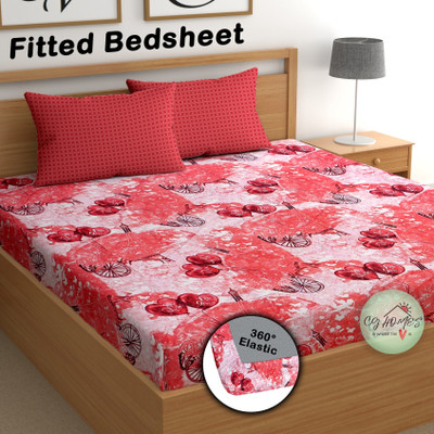 CG Homes 200 TC Cotton Double Printed Fitted (Elastic) Bedsheet(Pack of 1, Peach & Red)