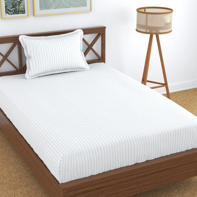 Home Stylish 280 TC Microfiber Single Striped Flat Bedsheet(Pack of 1, White)