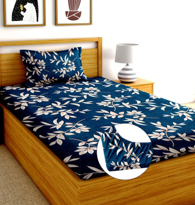 Moonroof Cotton Single Fitted (Elastic) 244 TC Printed Bedsheet(Pack of 1, Blue, White)