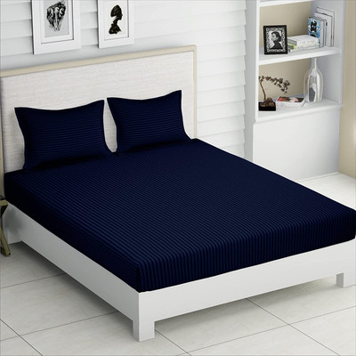 RUSTIC LINEN 144 TC Microfiber Double Striped Flat Bedsheet(Pack of 1, Navy)