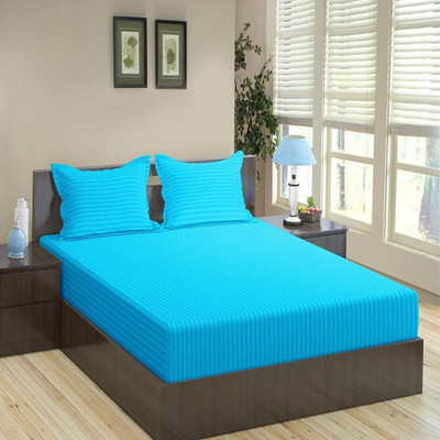 BEVI 300 TC Microfiber Single Striped Fitted (Elastic) Bedsheet(Pack of 1, Aqua)