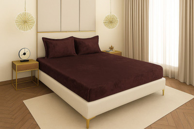 RIBUGROUP Velvet Double Fitted (Elastic) 250 TC Solid Bedsheet(Pack of 1, Black)