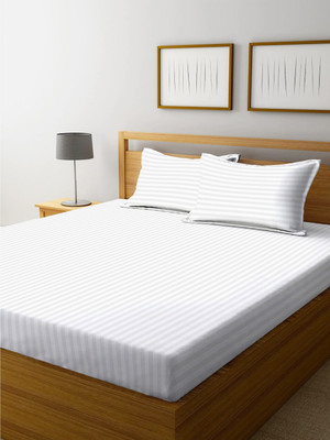 EpicEdge 300 TC Satin Double Striped Fitted (Elastic) Bedsheet(Pack of 1, White)