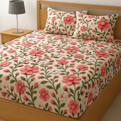 ClassicFits Cotton King, Queen, Double Fitted (Elastic) 250 TC Floral Bedsheet(Pack of 1, Orange)