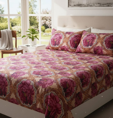 GHYT Cotton Queen Fitted (Elastic) 140 TC Printed Bedsheet(Pack of 1, Multicolor)