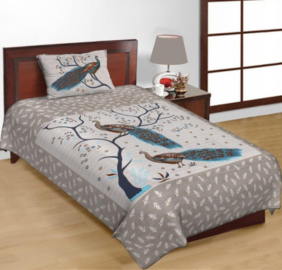 KAANY FAB 104 TC Cotton Single Jaipuri Prints Flat Bedsheet(Pack of 1, Grey)