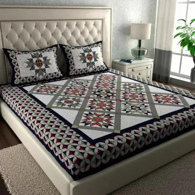 Poorak 104 TC Cotton Double Jaipuri Prints Flat Bedsheet(Pack of 1, Geomtric Blue)