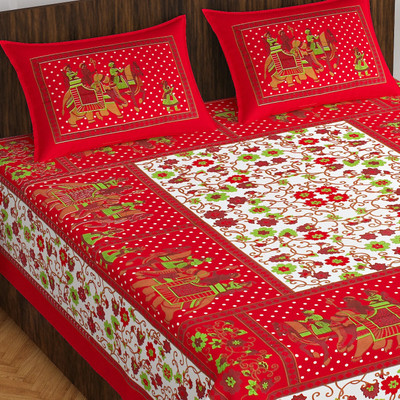 Pink City 144 TC Cotton Double Jaipuri Prints Flat Bedsheet(Pack of 1, Red)