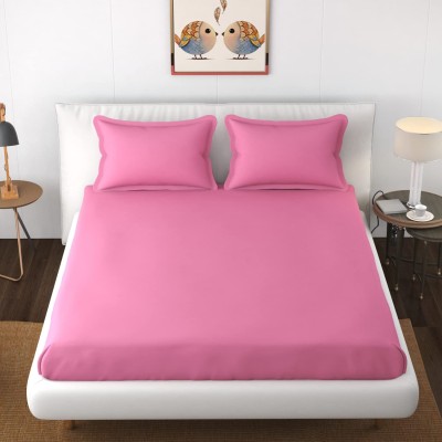 BEVI 144 TC Microfiber Double Solid Fitted (Elastic) Bedsheet(Pack of 1, Pink)