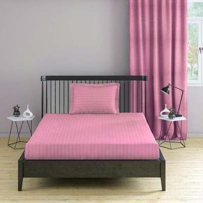 EVAN Cotton Single Flat 300 TC Striped Bedsheet(Pack of 1, Baby Pink)