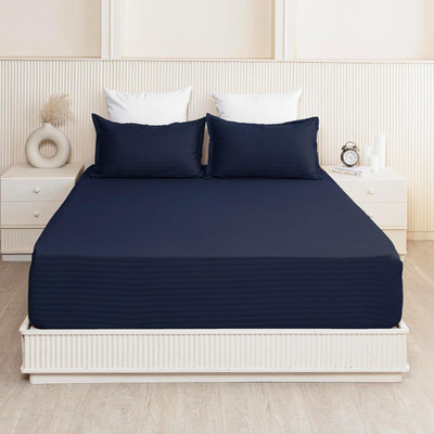 SOFTDREAMS 210 TC Cotton Queen Striped Fitted (Elastic) Bedsheet(Pack of 1, Dark Blue)