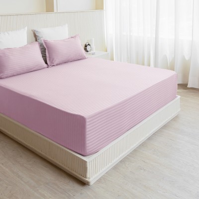 HOMEMONDE 210 TC Cotton Single Striped Fitted (Elastic) Bedsheet(Pack of 1, Pink)
