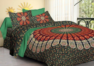 RAJDEVI JAIPUR PRINTS 351 TC Cotton King Printed Flat Bedsheet(Pack of 1, Green)