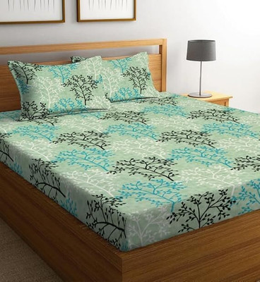 SHOPHOX Cotton Double, King Fitted (Elastic) 300 TC Printed Bedsheet(Pack of 1, Green, White)