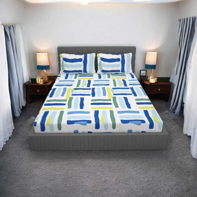 LX LOYREX Cotton King Fitted (Elastic) 212 TC Abstract Bedsheet(Pack of 1, White)