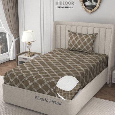HIDECOR 280 TC Microfiber Single Geometric Fitted (Elastic) Bedsheet(Pack of 1, Beige)