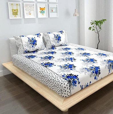 Shine Creation Cotton King Fitted (Elastic) 240 TC Floral Bedsheet(Pack of 1, White)