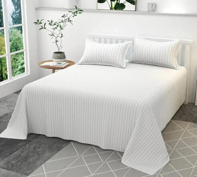 lacoza Cotton Super King Flat 400 TC Striped Bedsheet(Pack of 1, White)
