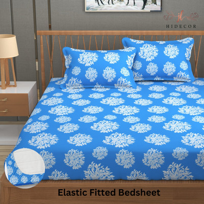 HIDECOR 280 TC Microfiber King Polka Fitted (Elastic) Bedsheet(Pack of 1, Blue)