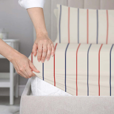 SleepyCat Cotton Single Fitted (Elastic) 200 TC Striped Bedsheet(Pack of 1, Sailor Stripes)