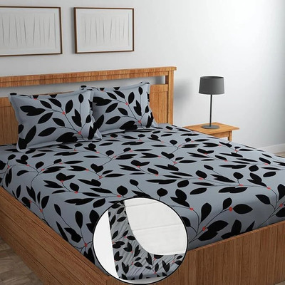 ARDM 210 TC Cotton Double Floral Fitted (Elastic) Bedsheet(Pack of 1, Grey)