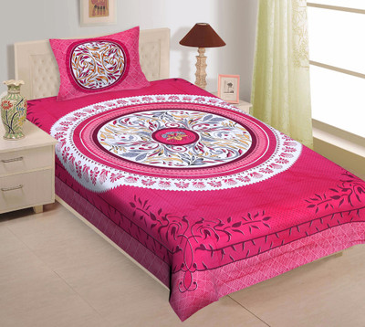 Ubania Collection 140 TC Cotton Single Jaipuri Prints Flat Bedsheet(Pack of 1, Pink)