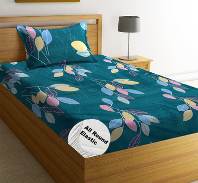 LOOMLYFE 210 TC Cotton Single Printed Fitted (Elastic) Bedsheet(Pack of 1, Green Leaves)
