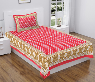 BATHAM HANDLOOM 104 TC Cotton Single Jaipuri Prints Flat Bedsheet(Pack of 1, Red)