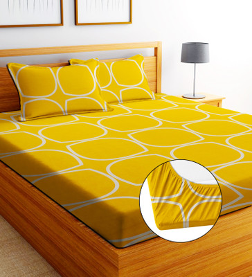 REFIZE 240 TC Cotton Double Printed Fitted (Elastic) Bedsheet(Pack of 1, Yellow Circles)