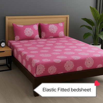 KURRY HOME FURNISHING 220 TC Microfiber Double Floral Fitted (Elastic) Bedsheet(Pack of 1, Maroon)