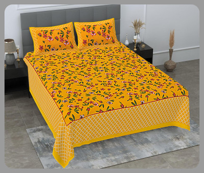 BedZone Cotton Double Flat 240 TC Jaipuri Prints Bedsheet(Pack of 1, Yellow)