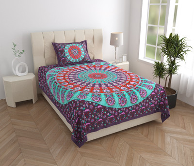 Mandakini 144 TC Cotton Single Jaipuri Prints Flat Bedsheet(Pack of 1, Purple)