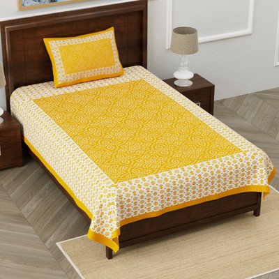 Loroco 104 TC Cotton Single Printed Flat Bedsheet(Pack of 1, Yellow)