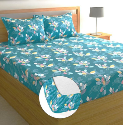 COZY QUEEN Cotton Queen Fitted (Elastic) 220 TC Floral 1 Summer Bedsheet with 2 Pillow Covers(Blue)